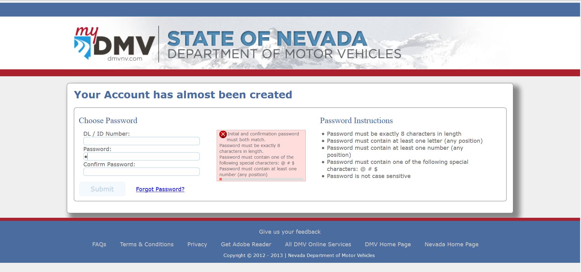 Nevada DMV password restrictions