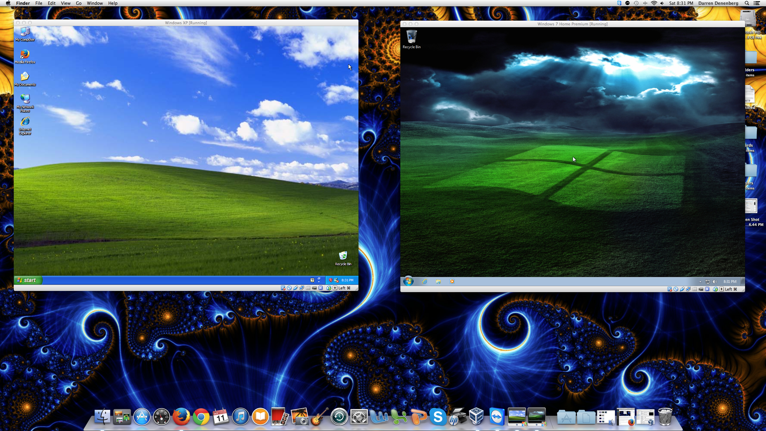Windows XP and Windows 7 running in their own Windows