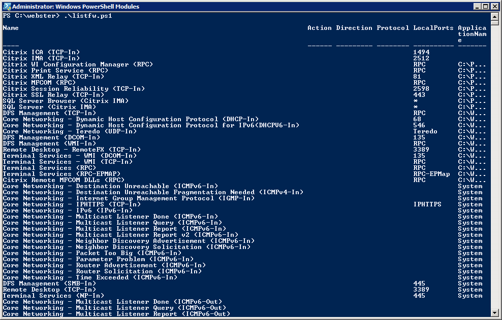 PowerShell showing firewall rules