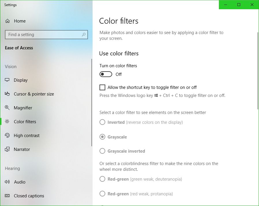 New Windows 10 color and filter settings
