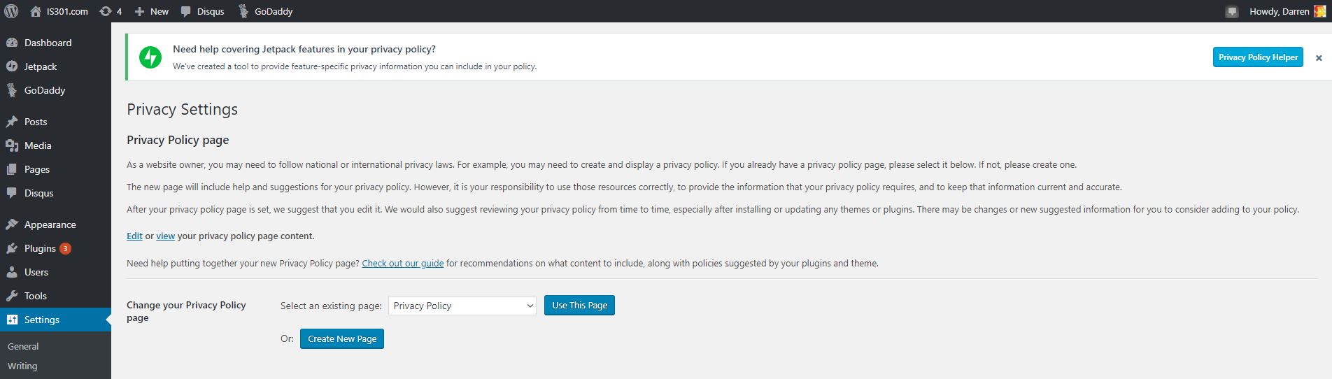 Privacy settings page