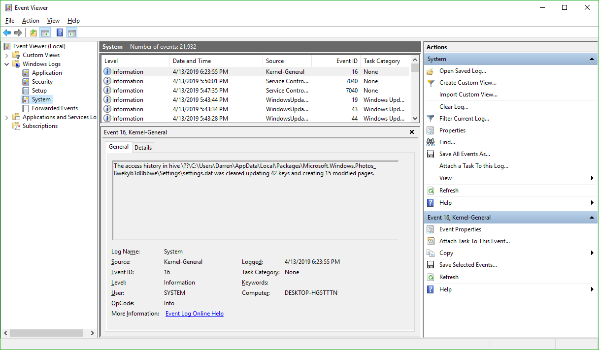 System Log in Event Viewer